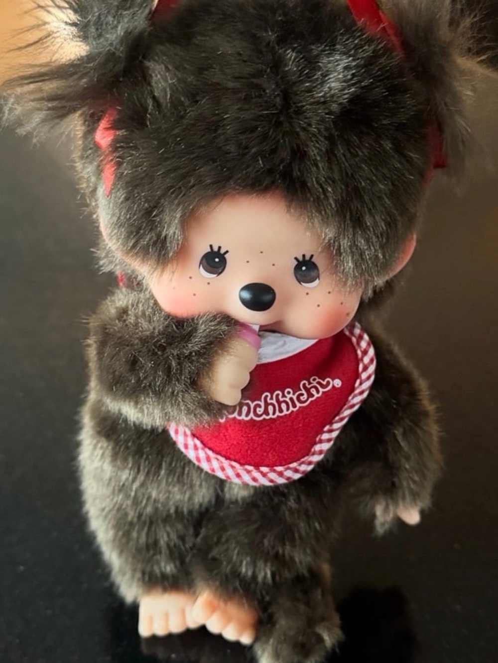 Authentic Japan Monchhichi with Red Checkered Bib/Bow Plush